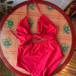 Nu Swim Cherry Red Teardrop Tie-Front Bikini and High-Waist Bikini Bottom